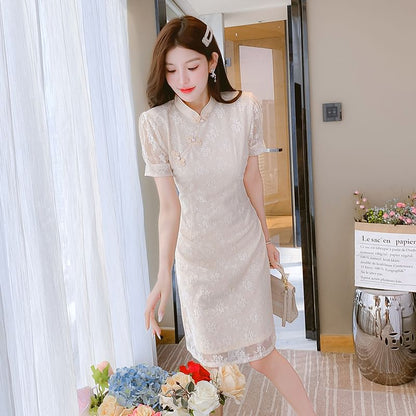 Traditional Chinese Short-Sleeve Stand Collar Contrast Trim Frog Buttoned Lace A-Line Dress SpreePicky