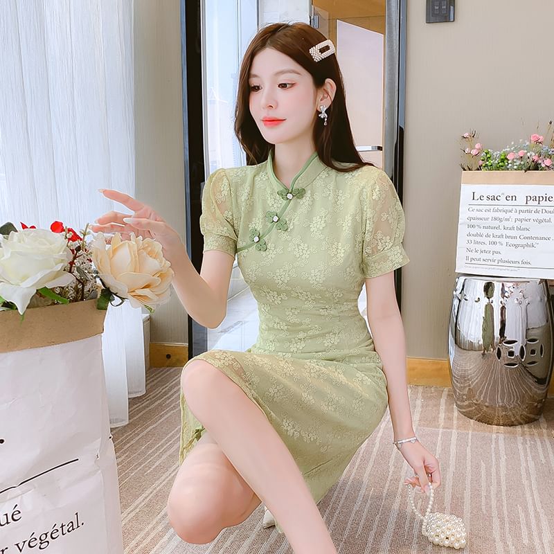 Traditional Chinese Short-Sleeve Stand Collar Contrast Trim Frog Buttoned Lace A-Line Dress SpreePicky