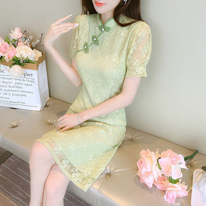 Traditional Chinese Short-Sleeve Stand Collar Contrast Trim Frog Buttoned Lace A-Line Dress SpreePicky