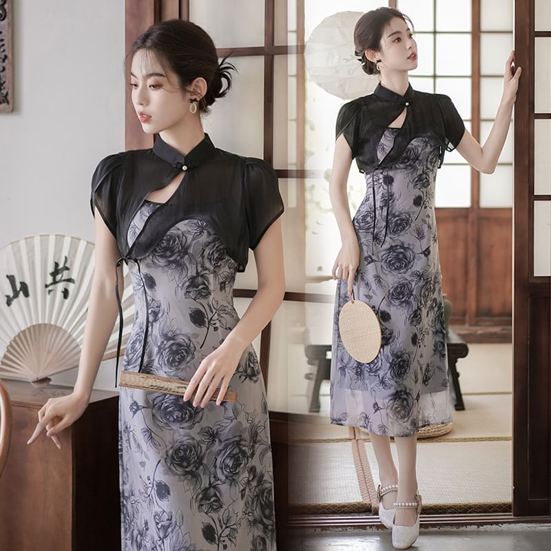 Traditional Chinese Set: Spaghetti Strap Scoop Neck Floral Print Midi A-Line Dress + Short-Sleeve Stand Collar Plain Asymmetrical Cutout Frog Buttoned Shrug SpreePicky