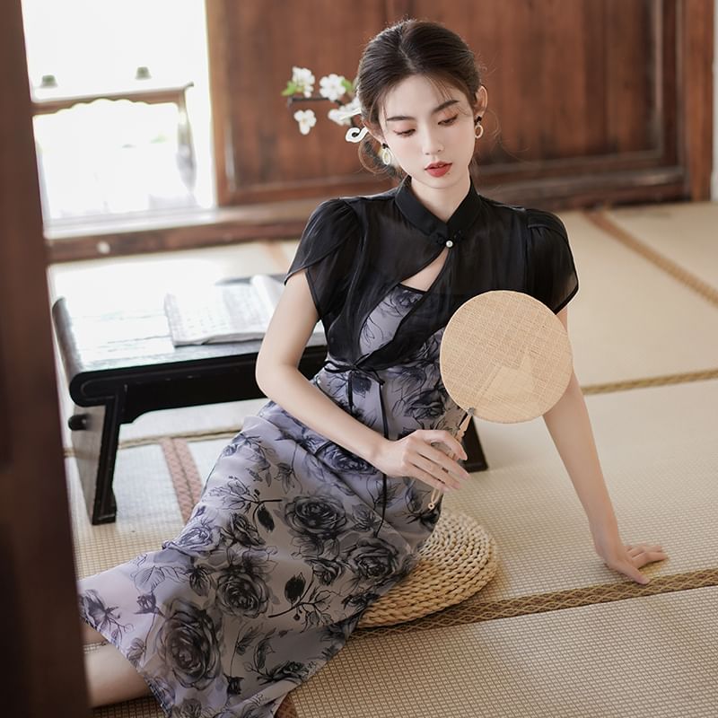 Traditional Chinese Set: Spaghetti Strap Scoop Neck Floral Print Midi A-Line Dress + Short-Sleeve Stand Collar Plain Asymmetrical Cutout Frog Buttoned Shrug SpreePicky