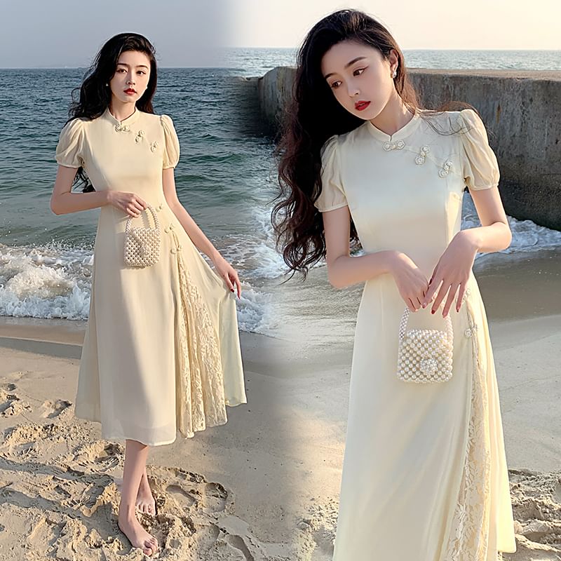 Traditional Chinese Short-Sleeve Stand Collar Lace Panel Frog Buttoned Midi A-Line Dress SpreePicky