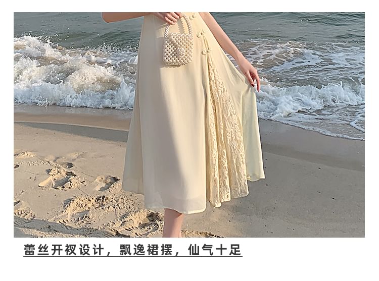 Traditional Chinese Short-Sleeve Stand Collar Lace Panel Frog Buttoned Midi A-Line Dress SpreePicky