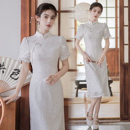 Traditional Chinese Short-Sleeve Plain Faux Pearl Fringed Frog Buttoned Slit Lace Midi Sheath Qipao SpreePicky