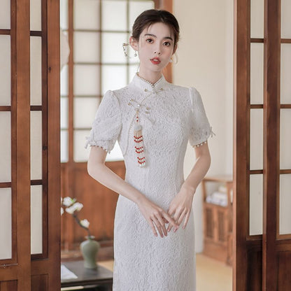 Traditional Chinese Short-Sleeve Plain Faux Pearl Fringed Frog Buttoned Slit Lace Midi Sheath Qipao SpreePicky