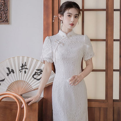 Traditional Chinese Short-Sleeve Plain Faux Pearl Fringed Frog Buttoned Slit Lace Midi Sheath Qipao SpreePicky