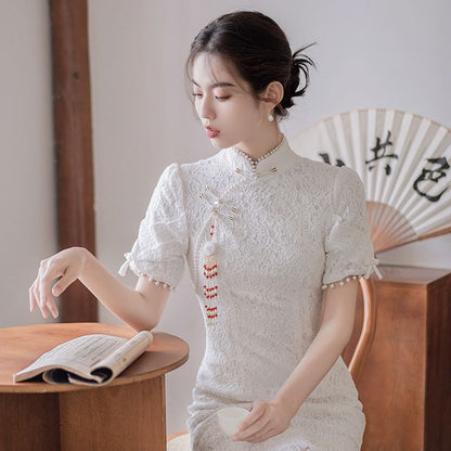 Traditional Chinese Short-Sleeve Plain Faux Pearl Fringed Frog Buttoned Slit Lace Midi Sheath Qipao SpreePicky