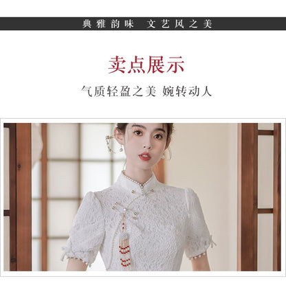 Traditional Chinese Short-Sleeve Plain Faux Pearl Fringed Frog Buttoned Slit Lace Midi Sheath Qipao SpreePicky