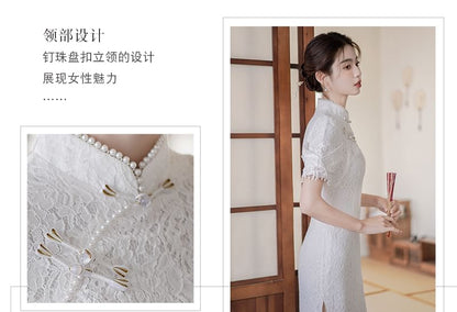 Traditional Chinese Short-Sleeve Plain Faux Pearl Fringed Frog Buttoned Slit Lace Midi Sheath Qipao SpreePicky