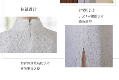 Traditional Chinese Short-Sleeve Plain Faux Pearl Fringed Frog Buttoned Slit Lace Midi Sheath Qipao SpreePicky