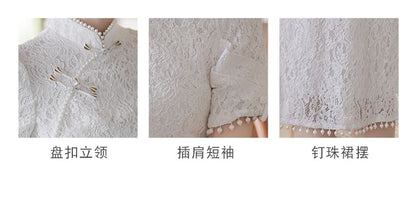 Traditional Chinese Short-Sleeve Plain Faux Pearl Fringed Frog Buttoned Slit Lace Midi Sheath Qipao SpreePicky