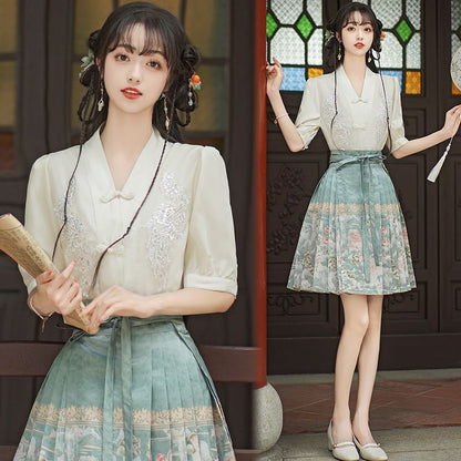 Traditional Chinese Elbow-Sleeve V-Neck Floral Embroidered Sequin Frog Buttoned Blouse / High Rise Print Mini Ma Mian Skirt / Set SpreePicky