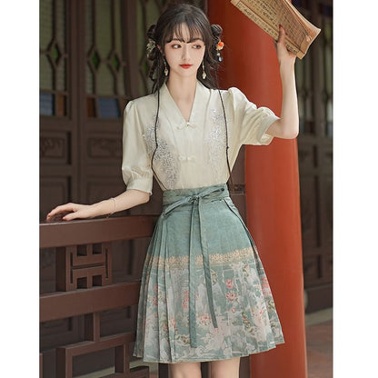 Traditional Chinese Elbow-Sleeve V-Neck Floral Embroidered Sequin Frog Buttoned Blouse / High Rise Print Mini Ma Mian Skirt / Set SpreePicky