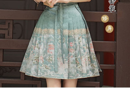 Traditional Chinese Elbow-Sleeve V-Neck Floral Embroidered Sequin Frog Buttoned Blouse / High Rise Print Mini Ma Mian Skirt / Set SpreePicky