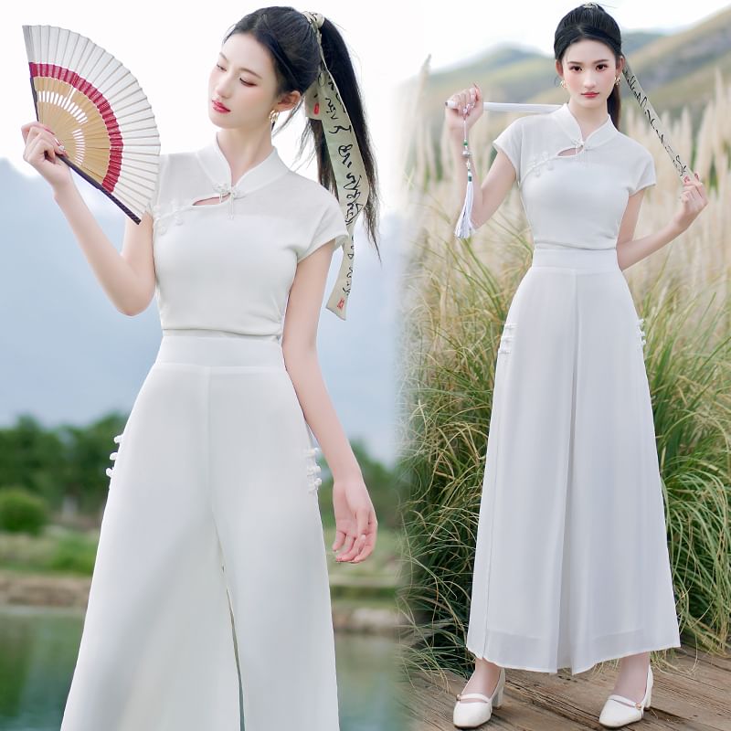 Traditional Chinese Short-Sleeve Stand Collar Plain Cutout Frog Buttoned Top / High Waist Cropped Culottes / Set SpreePicky