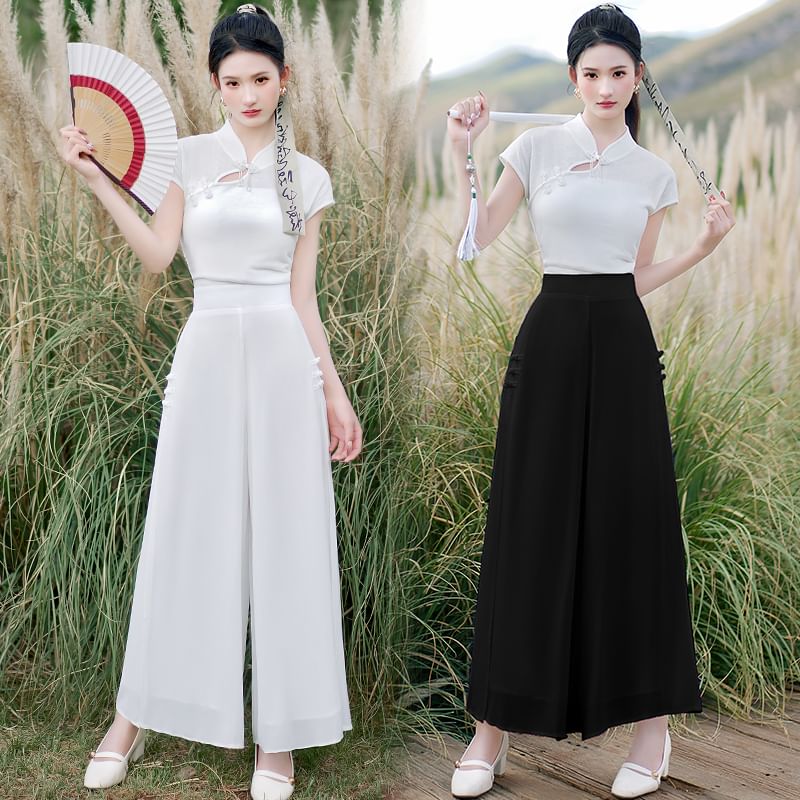 Traditional Chinese Short-Sleeve Stand Collar Plain Cutout Frog Buttoned Top / High Waist Cropped Culottes / Set SpreePicky