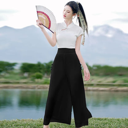 Traditional Chinese Short-Sleeve Stand Collar Plain Cutout Frog Buttoned Top / High Waist Cropped Culottes / Set SpreePicky