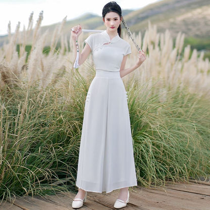 Traditional Chinese Short-Sleeve Stand Collar Plain Cutout Frog Buttoned Top / High Waist Cropped Culottes / Set SpreePicky