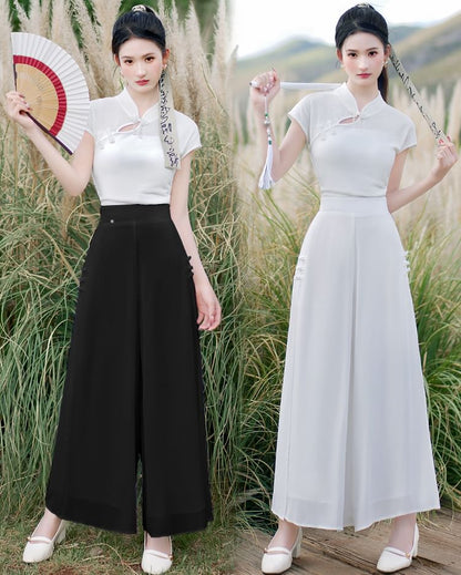 Traditional Chinese Short-Sleeve Stand Collar Plain Cutout Frog Buttoned Top / High Waist Cropped Culottes / Set SpreePicky