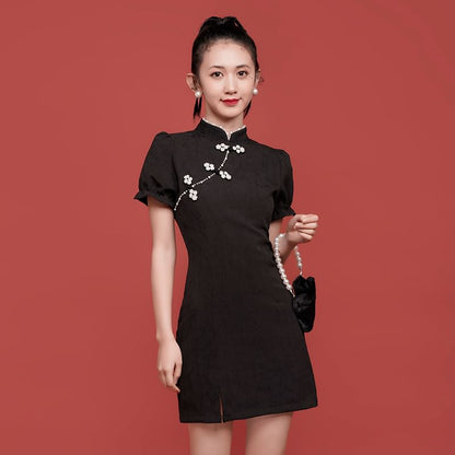 Traditional Chinese Short-Sleeve Stand Collar Faux Pearl Accent Frog Buttoned Slit Mini A-Line Dress SpreePicky