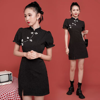 Traditional Chinese Short-Sleeve Stand Collar Faux Pearl Accent Frog Buttoned Slit Mini A-Line Dress SpreePicky