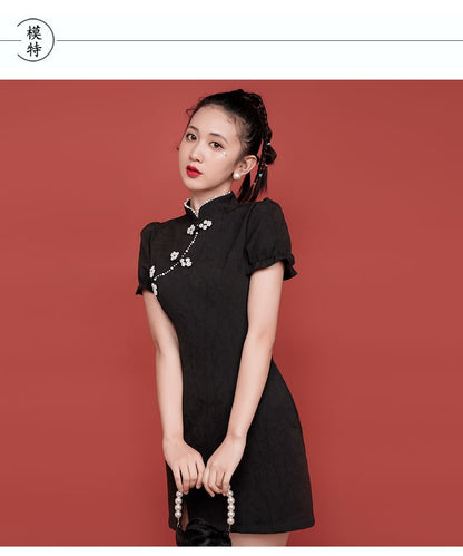 Traditional Chinese Short-Sleeve Stand Collar Faux Pearl Accent Frog Buttoned Slit Mini A-Line Dress SpreePicky