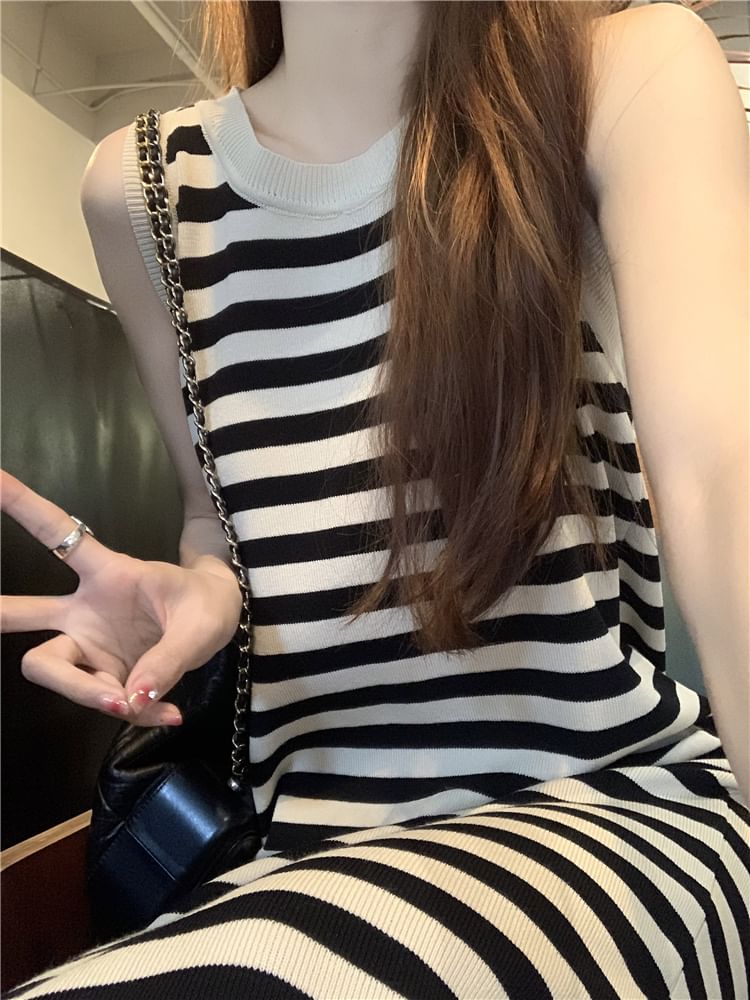 Striped Sleeveless Round Neck Bodycon Long Dress SpreePicky