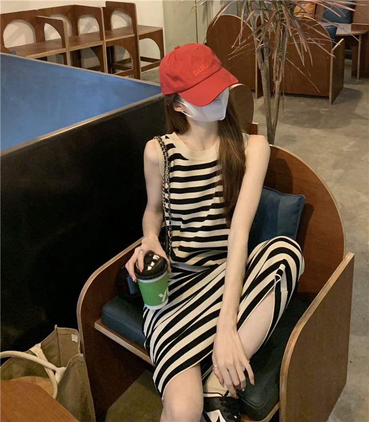 Striped Sleeveless Round Neck Bodycon Long Dress SpreePicky