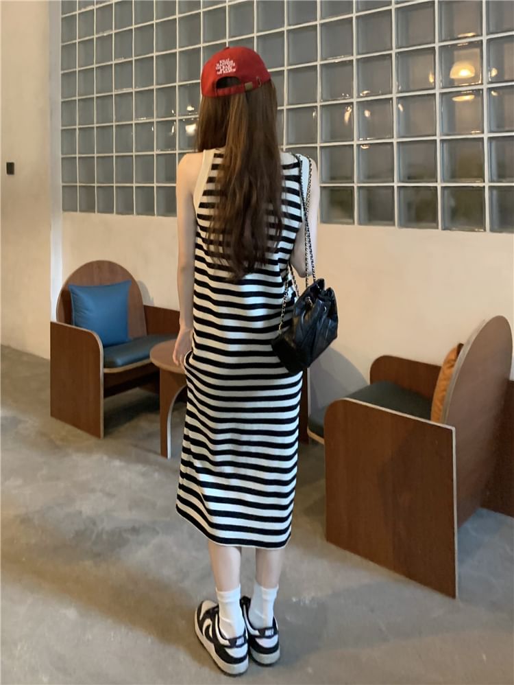 Striped Sleeveless Round Neck Bodycon Long Dress SpreePicky