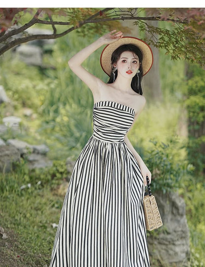 Set: Tie Shoulder Striped Ruched Maxi A SpreePicky