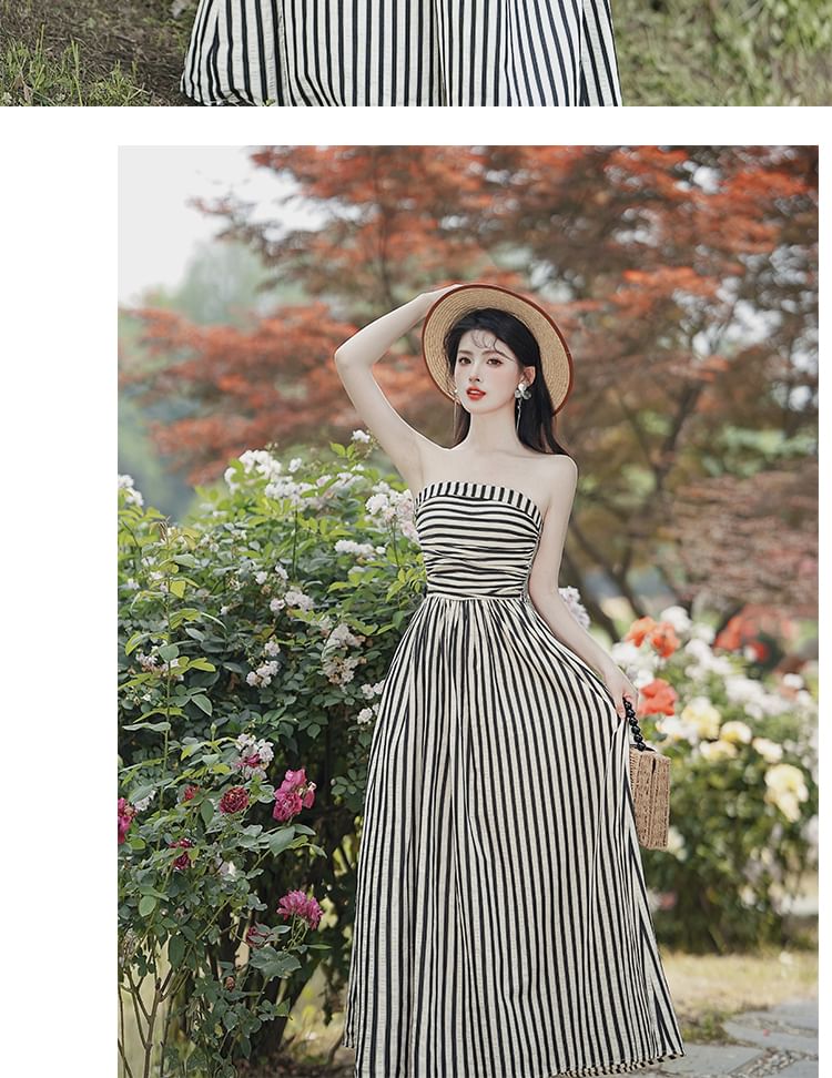 Set: Tie Shoulder Striped Ruched Maxi A SpreePicky