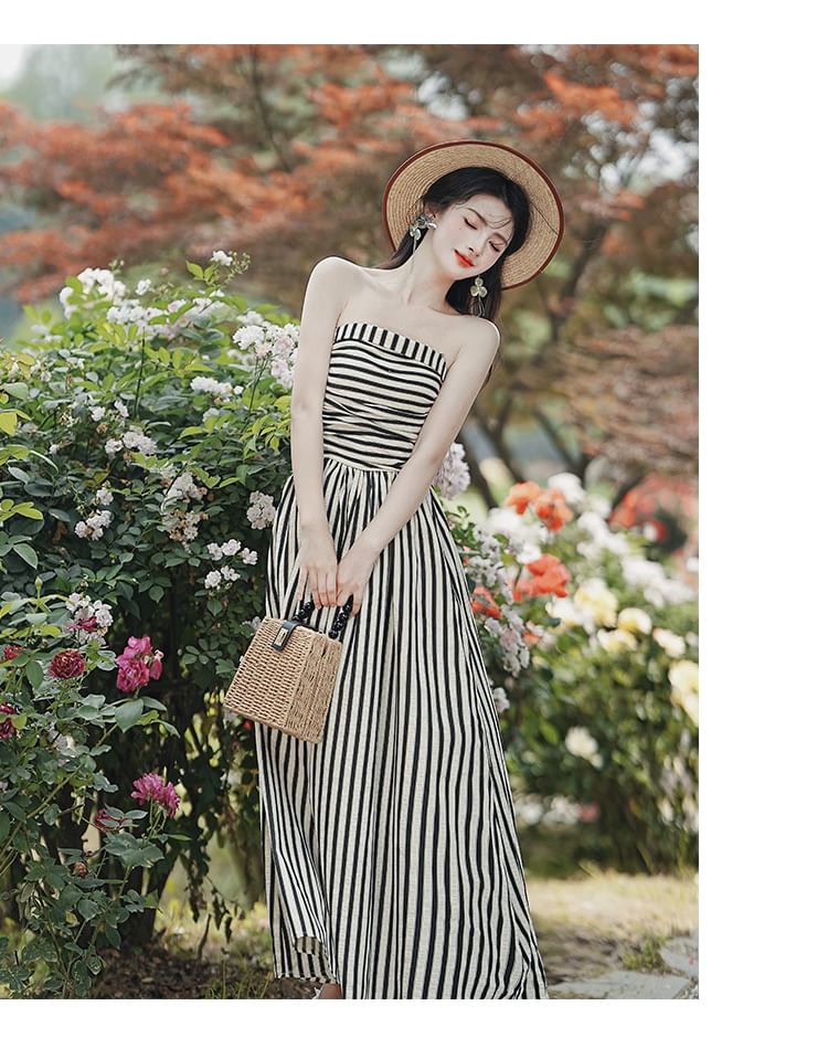 Set: Tie Shoulder Striped Ruched Maxi A SpreePicky