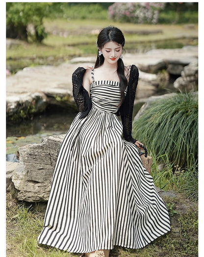 Set: Tie Shoulder Striped Ruched Maxi A SpreePicky