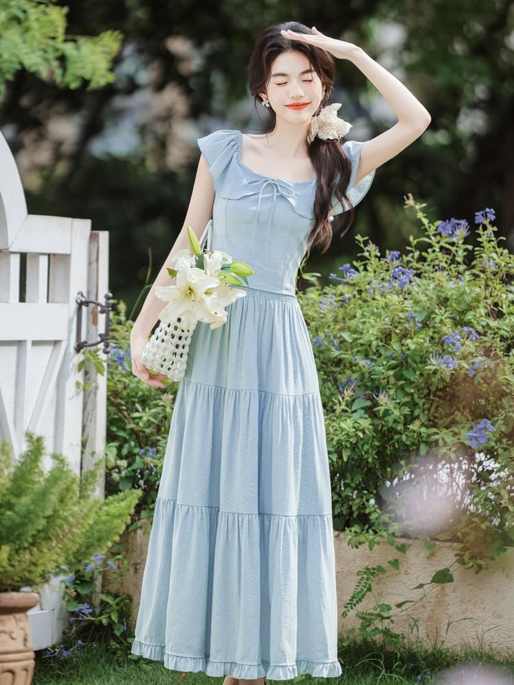 Set: Cap Sleeve Square Neck Plain Bow Ruffle Top + Elastic Waist Tiered Frill Maxi A SpreePicky