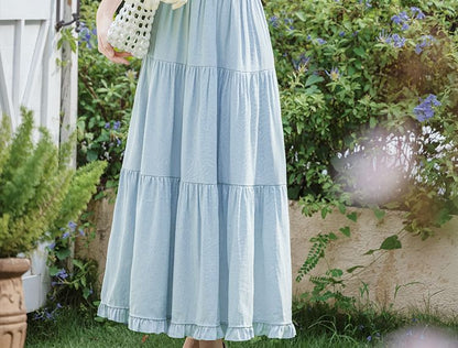 Set: Cap Sleeve Square Neck Plain Bow Ruffle Top + Elastic Waist Tiered Frill Maxi A SpreePicky