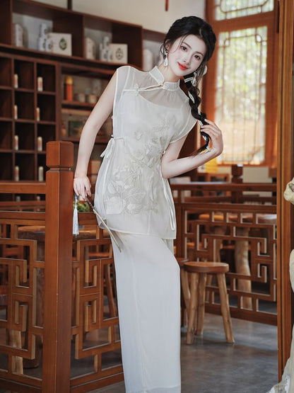 Set: Sleeveless Mandarin Collar Embroidered Top + Camisole Top + High Waist Plain Wide Leg Pants SpreePicky