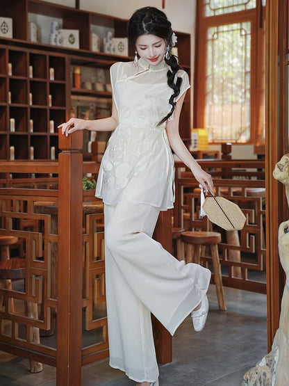 Set: Sleeveless Mandarin Collar Embroidered Top + Camisole Top + High Waist Plain Wide Leg Pants SpreePicky