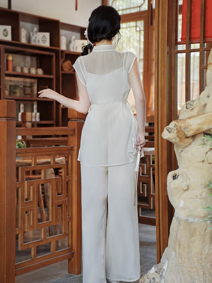 Set: Sleeveless Mandarin Collar Embroidered Top + Camisole Top + High Waist Plain Wide Leg Pants SpreePicky