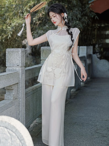 Set: Sleeveless Mandarin Collar Embroidered Top + Camisole Top + High Waist Plain Wide Leg Pants SpreePicky