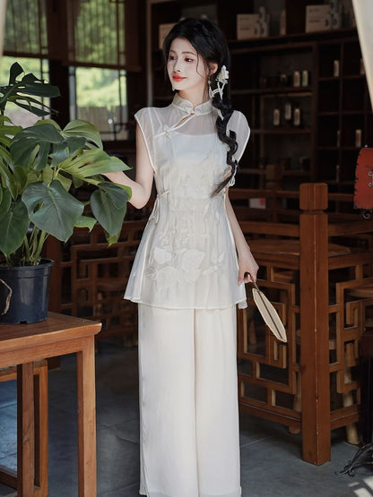 Set: Sleeveless Mandarin Collar Embroidered Top + Camisole Top + High Waist Plain Wide Leg Pants SpreePicky