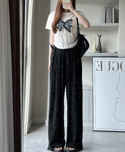 High Rise Glitter Torn Wide Leg Sweatpants SpreePicky