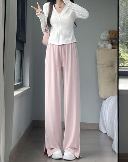 Side Slit High Rise Plain Wide Leg Sweatpants SpreePicky