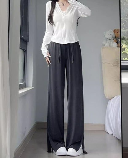 Side Slit High Rise Plain Wide Leg Sweatpants SpreePicky