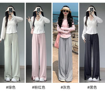 Side Slit High Rise Plain Wide Leg Sweatpants SpreePicky