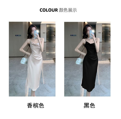 Spaghetti Strap Cowl Neck Slit Party Midi Dress SpreePicky