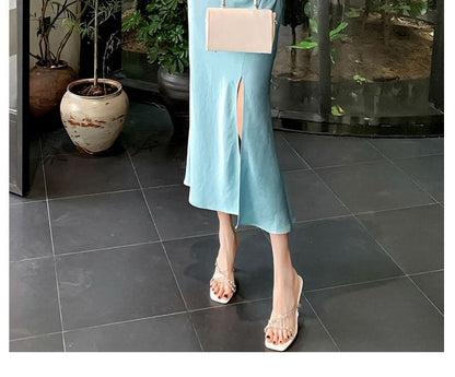 Spaghetti Strap Square Neck Plain Slit Maxi Sheath Dress mySite