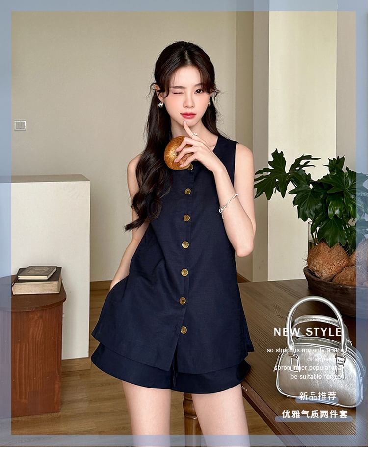 Set: Sleeveless Round Neck Plain Button Top + High Waist Shorts mySite