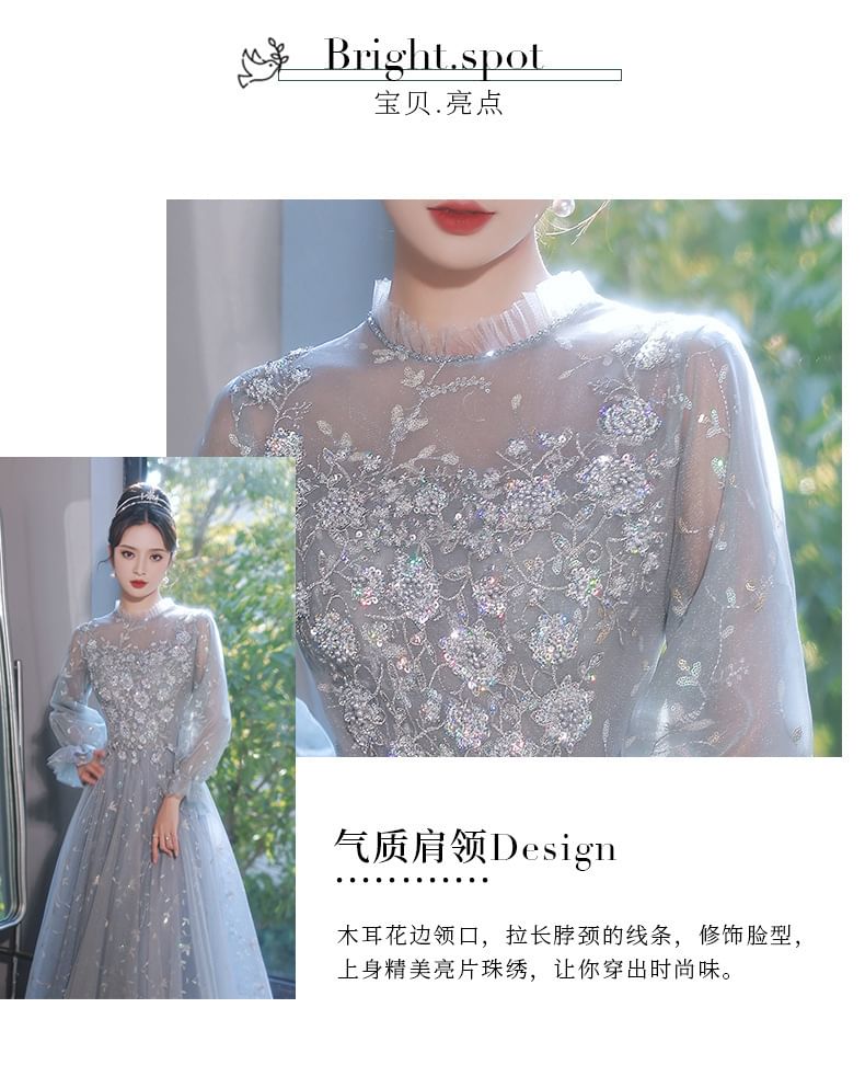 Puff-Sleeve Flower Embroidered Sequin A-Line Evening Gown SpreePicky