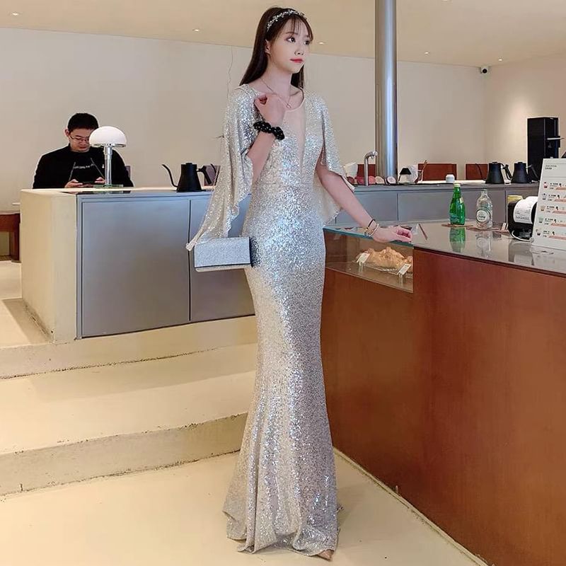 Flared-Sleeve Sequin Mermaid Evening Gown SpreePicky