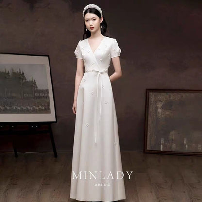 Short-Sleeve V-Neck Plain Faux Pearl A-Line Evening Gown SpreePicky